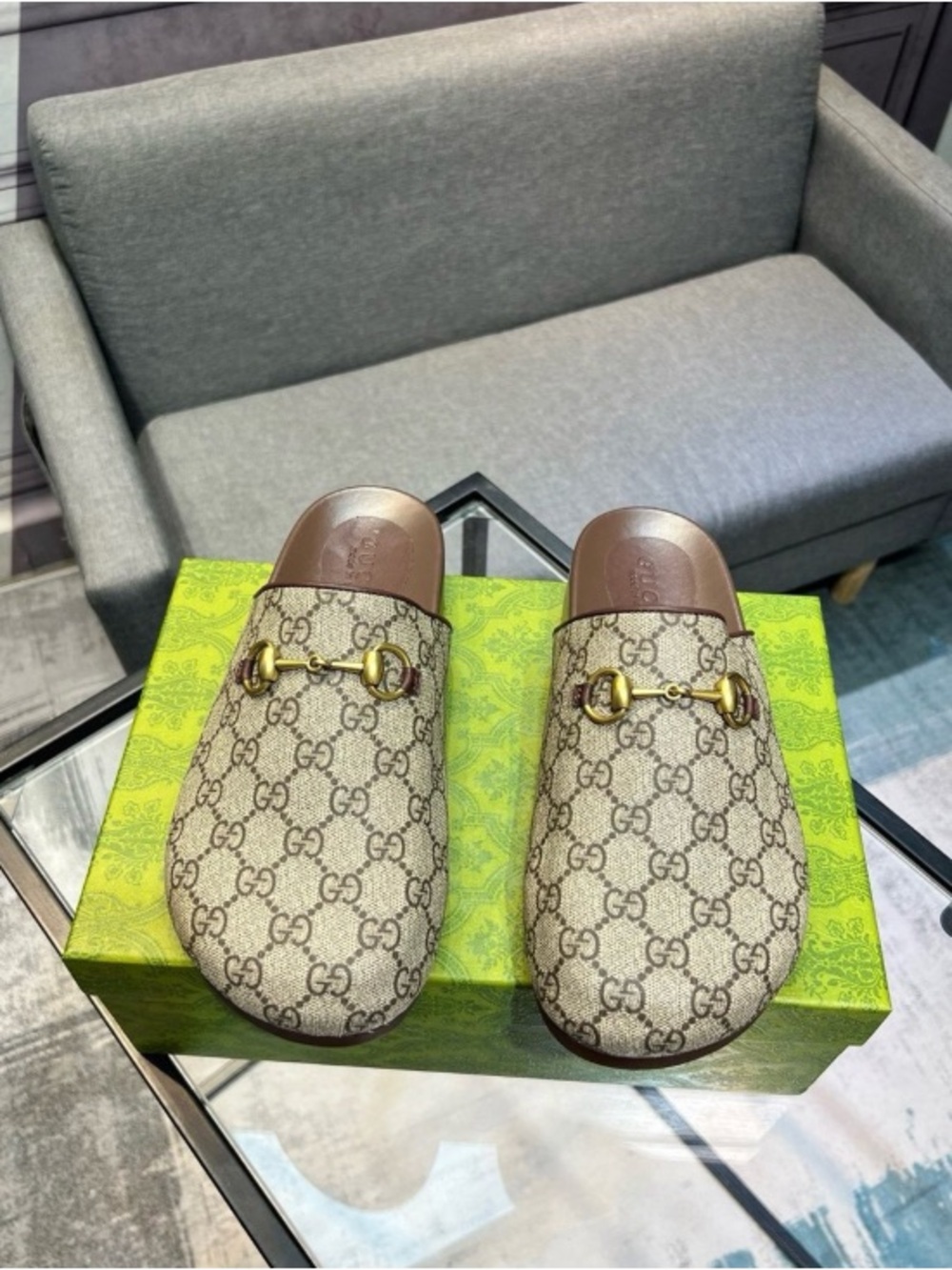 Gucci Beige GG Supreme Canvas Horsebit Mule Slides